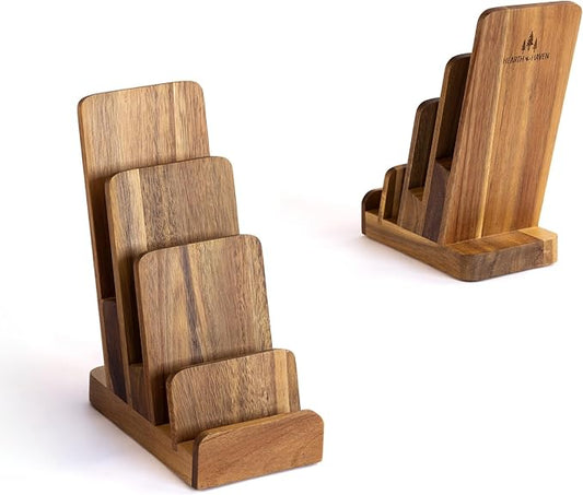 Brochure Holder - 4-Tier Acacia Wood Brochure Display Stand - Waterproof Flyer Stand w/Non-Slip Base - Handmade Flyer Holder for Flyer Display, Menu Holder, Pamphlet & Business Cards- [Pack of 1]