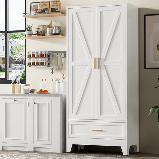 71" Tall Metal Storage Cabinet with Drawer and Adjustable Shelves,Farmhouse Kitchen Pantry Storage Cabinet with Doors,Large Wide Cabinets for Craft Room,Office,Dining Room,Bathroom(White)