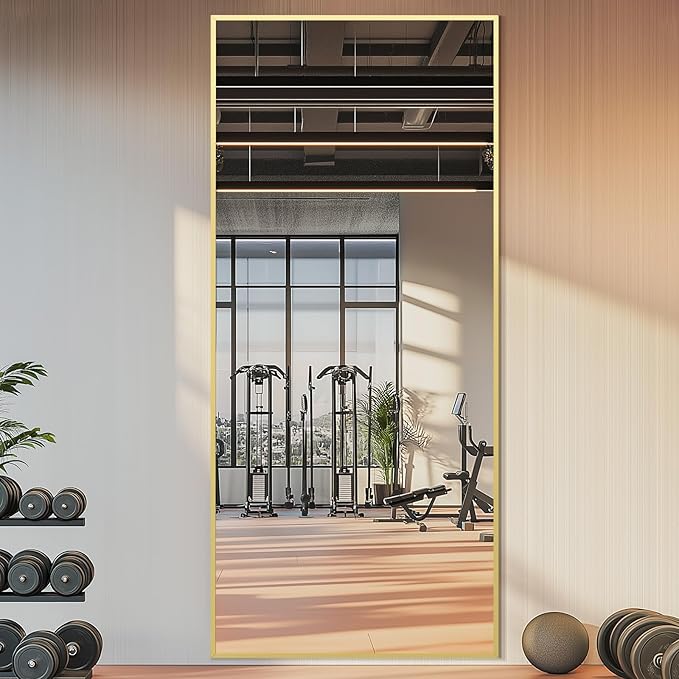 Large Full Length Mirror, 71"x32" Gold Floor Mirror with Stand, Rectangle Standing Mirror for Living Room Bedroom Cloakroom Gym, Thin Aluminum Frame, Tempered Glass