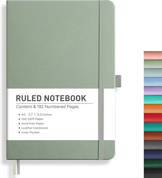 RETTACY Lined Journal Notebook, 192 Numbered Pages, A5 Medium Size (5.7'' x 8.3''), for Men & Women, Journaling, Writing, Work & Office, Leather Hardcover, 100 GSM Thick Paper (Sage Green)