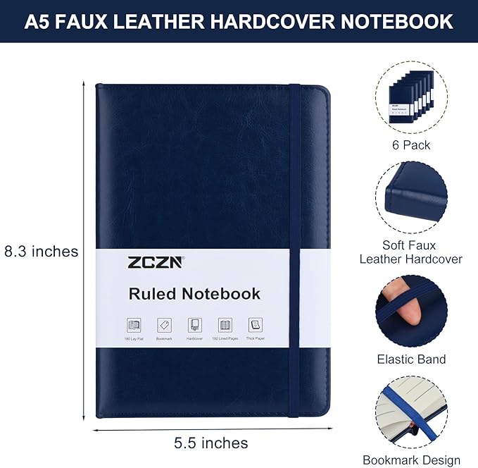 ZCZN 6 Pack Lined Journal Notebooks, 192 Pages A5 Hardcover Leather Journals for Work,Writing,School & Travel, College Ruled Journaling Notebooks for Notes Taking,Diary Notepad (Blue*6)