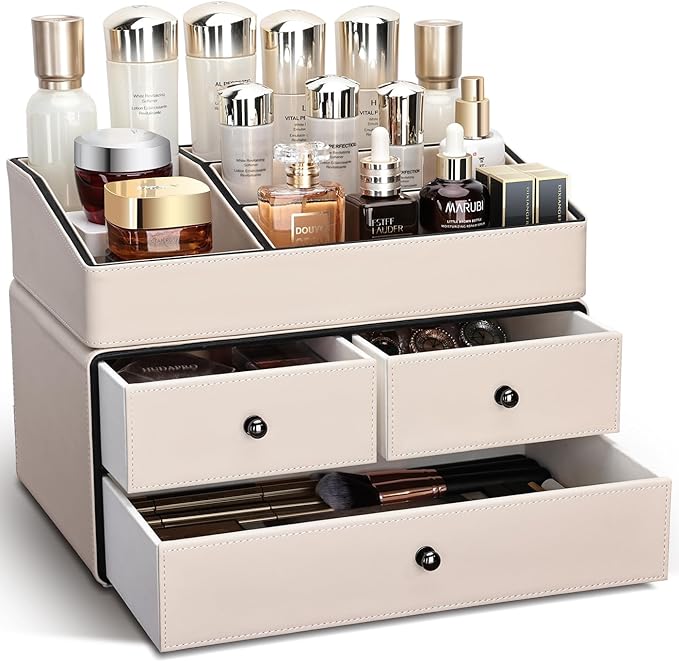 KINGFOM Leather Makeup Organizer with 3 Drawers, 2 Tier Cosmetic Storage Organizer for vanity Dresser Countertop and Bathroom Vanity, Beauty Holder for Lipstick Brush Skincare (Beige)