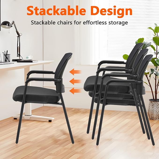 CLATINA Black Stacking Chairs Stackable Waiting Room Chairs with Armrest, Mesh Office Reception Guest Chair for Home Desk Conference Lobby Church Medical Meeting Training Ergonomic, Set of 8