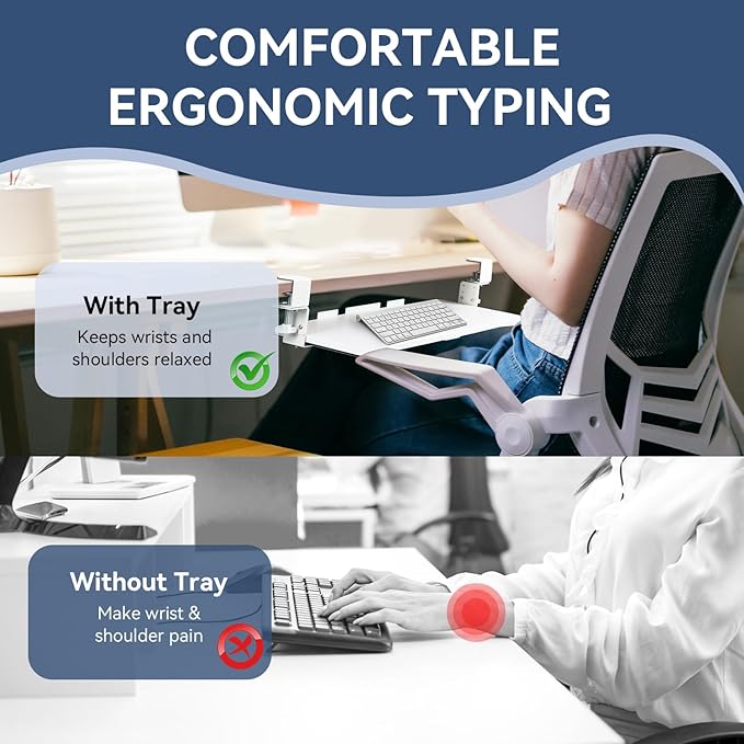 VUSIGN Keyboard Tray Under Desk Height Adjustable,Pull Out with Adjustable C Clamp Mount System for L-Shaped Tables, Extra Sturdy, 26.4” x 11.8” Slide-Out Platform Computer Drawer for Typing,White