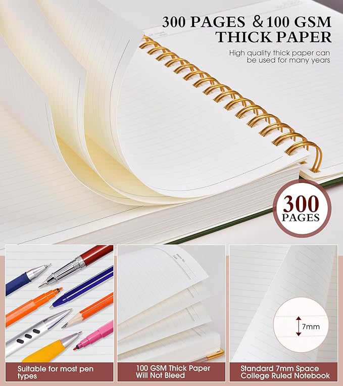 Spiral Notebook Journal 5.75” x 8.38”, 300 Pages Hardcover Leather Lined Journals for Women Men, A5 Small College Ruled Notebooks with 100 GSM Thick Paper, Spiral Journal for Writing Work, Olive Green