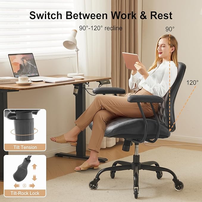 YFO Home Office Desk Chair Office Rubber Casters Ergonomic Computer Chair with Lumbar Support Adjustable Height Rolling Swivel Executive Task Armrests Chair， Black PU