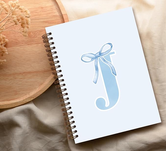 Initial J Notebook Journal,Personalized Teen Girl Gifts,Coquette Trendy Preppy Blue Bow Spiral Notebook,Monogrammed Gifts for Women Teen Girl,College Ruled Hardcover Spiral Notebook 5.5 x 8.3