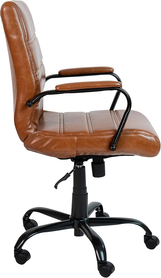 Flash Furniture Whitney Mid-Back Swivel Leather Desk Chair with Padded Seat and Armrests, Adjustable Height Padded Leather Office Chair, Brown/Black