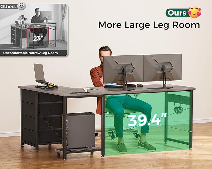 Casaottima L Shaped Desk with 4 Tier Drawers, 53" Gaming Desk with Power Outlets & USB, Reversible L-shaped Computer Desk with CPU Stand, Home Office Corner Table with Storage, Easy Assemble, Grey Oak