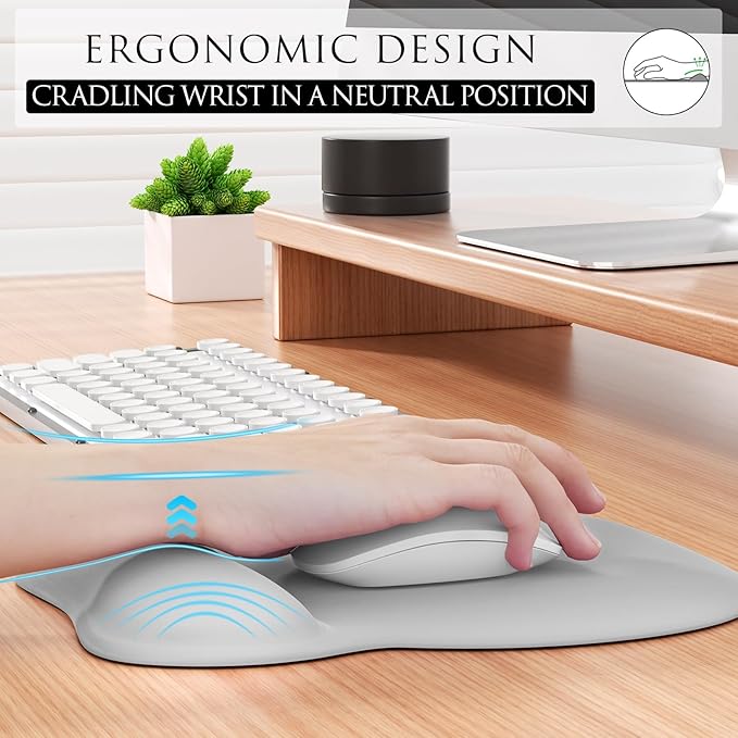 MROCO Ergonomic Mouse Pad with Gel Wrist Rest, Comfortable Mousepad with Smooth Wrist Support Surface and Non-Slip PU Base for Pain Relief, Computer, Laptop, Office & Home, 9.4 x 8.1 in, Silver Grey
