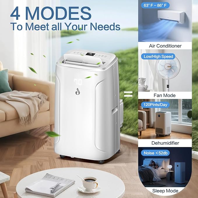 14,000 BTU Portable Air Conditioners, 4-in-1 Air Conditioner with Dehumidifier, Fan, 2 Speeds Cools Room up to 700 Sq.Ft, 24H Timer, Smart Auto-off, Remote Control & Window Kit for Home, Room, Office
