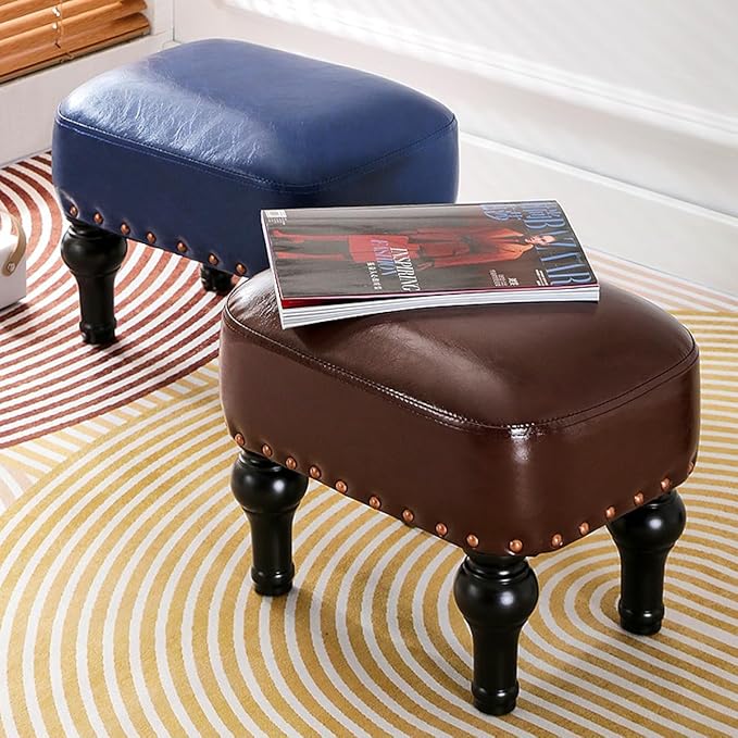 Ottoman Leather Foot Rest with Thicker Foam Padded Seat, Footstool with Wooden Legs (Brown)
