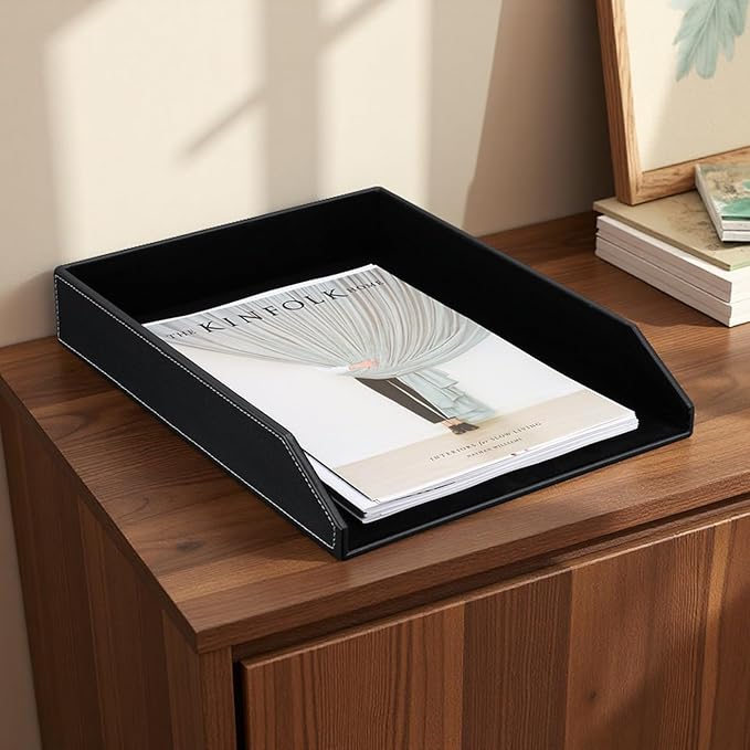 KINGFOM Letter Tray, PU Leather Paper Organizer Tray for Desk, Paper Organizer Storage Holder for Office Home or School A4 Size Black
