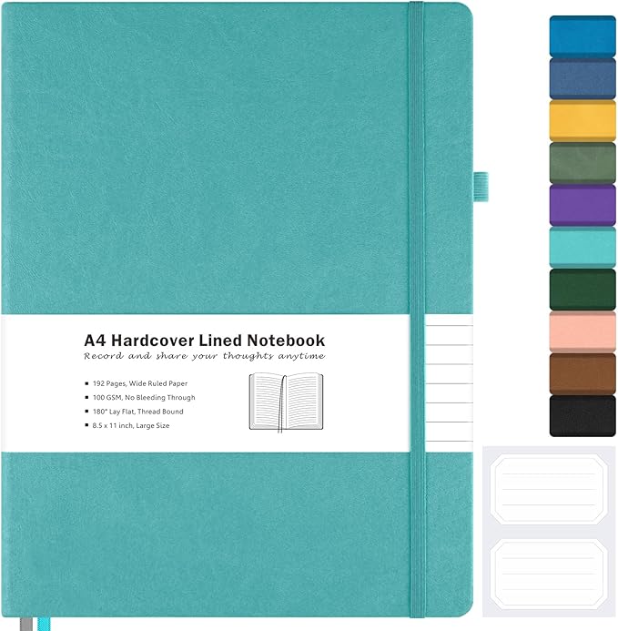 Lined Journal Notebook, 8.5" x 11" Hardcover Leather Notebook for Work, Wide Ruled Notebook Journal for Women Men, 192 Thick Paper, Lay Flat, 2 Pockets, A4 Large Journals for Writing Notebook, Teal