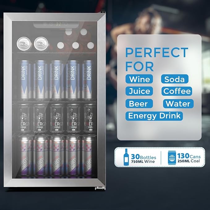 Kndko Beverage Refrigerator Cooler - 130 Can Mini Fridge with Adjustable Shelves, Glass Door, Digital Temperature Control, LED Lighting, Energy Efficient for Home, Office, Bar - 3.2 Cu.Ft, Silver