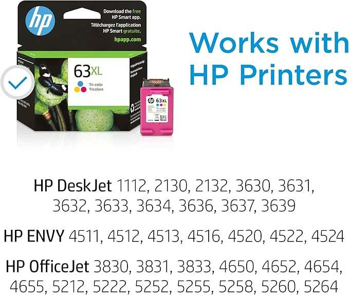 HP 63XL Tri-color High-yield Ink Cartridge | Works with Printer Series: DeskJet 1112, 2130, 3630; ENVY 4510, 4520; OfficeJet 3830, 4650, 5200 | Eligible for Instant Ink | F6U63AN