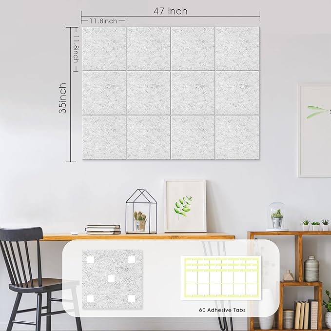 Large Cork Board for Office Wall Decor,48"x36"-12 Pack Felt Wall Tiles with Safe Removable Adhesive Tabs, 1/2" Thick, Felt Bulletin Board Pin Board Cork Boards for Walls - Light Grey