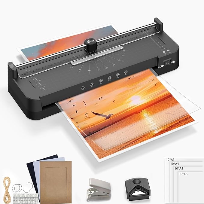 Laminator Machine with 40pcs Laminating Pouches Sheets, 9 in 1 Laminator 13-inch Wide Thermal &Cold Machine Built-in Paper Trimmer Corner Rounder Hole Punch for Home Office School (Black)