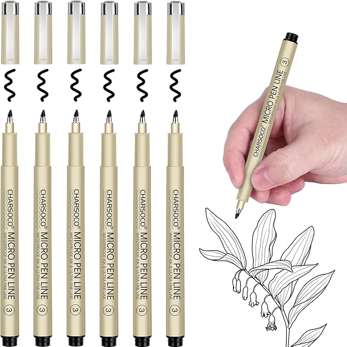 3 Micro Pen, 6 Pack Black Fine Point Pen with Waterproof Archival Ink, 3mm Fineliner Ink Pens for Artist Illustration, Sketching, Anime, Manga, Technical Drawing and Scrapbooking