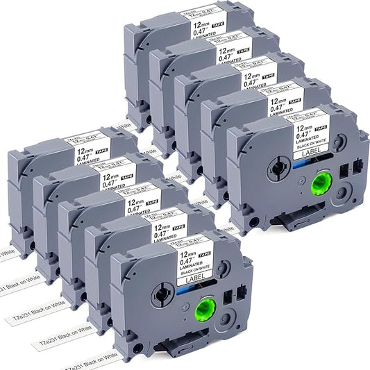 10 Pack Label Maker Tape Replacement for TZe-231 TZe231 Laminated White P Touch Label Tape, 12mm x 8m, Black on White, Compatible with Brother P Touch Label Maker PTD210 PT-H110 PT-D400