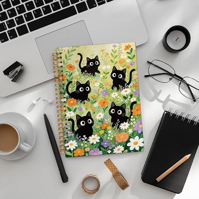 LIANHW Cute Cat Journals Notebook, Cute Notebooks for School Aesthetic, Cat Lover Gifts Notebooks for Note Taking, Cat Mom Lady Gifts for Women Journal, Black Kittens Journal 5.5x8.3 Inch