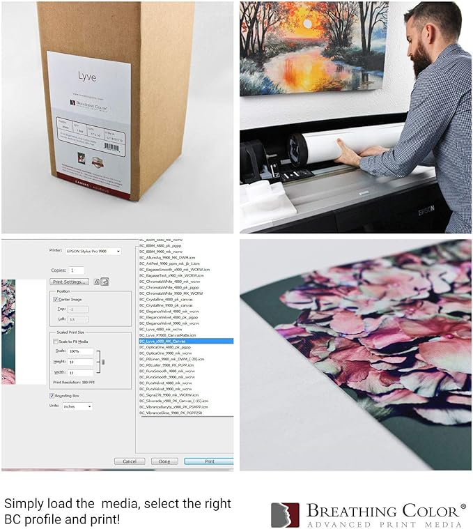Premium Lyve Matte Canvas Paper Perfect For Use on Professional Makes and Models of Epson, Canon and HP printers preferred by Professionals. 19 mil textured Canvas offered in a 24 inch by 40 ft roll