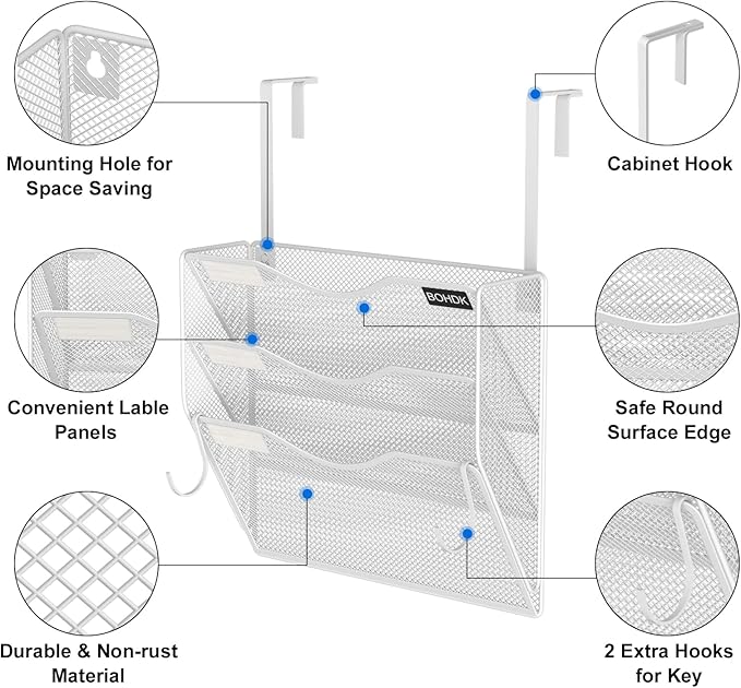 Wall File Organizer, 3 Tire Hanging File Folder Mail Organizer, Vertical Mesh Metal Door/Wall Mount Hanging File Organizer, Paper Document Magazine Rack with Hooks for Home Office White