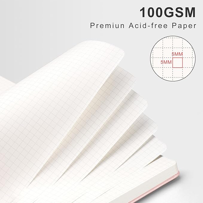 RETTACY Graph Grid Paper Notebook, 110 Pages, A4 Large Size (8.5'' × 11''), 5 Squares per Inch, Leather Hardcover, 100 GSM Thick Paper, for School, Students, Math, Engineering (Rose Gold)