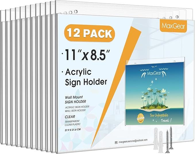 MaxGear Wall Mount 8.5x11 inches Acrylic Sign Holder with Mounting Screws, Plastic Clear Acrylic Picture Frame for Home, Office, Store, Restaurant, Landscape (12 Pack)