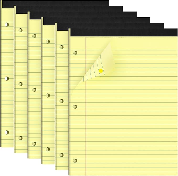 HAUTOCO 8.5 x 11 Legal Pads 6 Pack Yellow Wide Ruled Lined Writing Note Pads Perforated Notepad, 30 Sheets Per Notepad, 3-Hole Punched Paper for School, Office