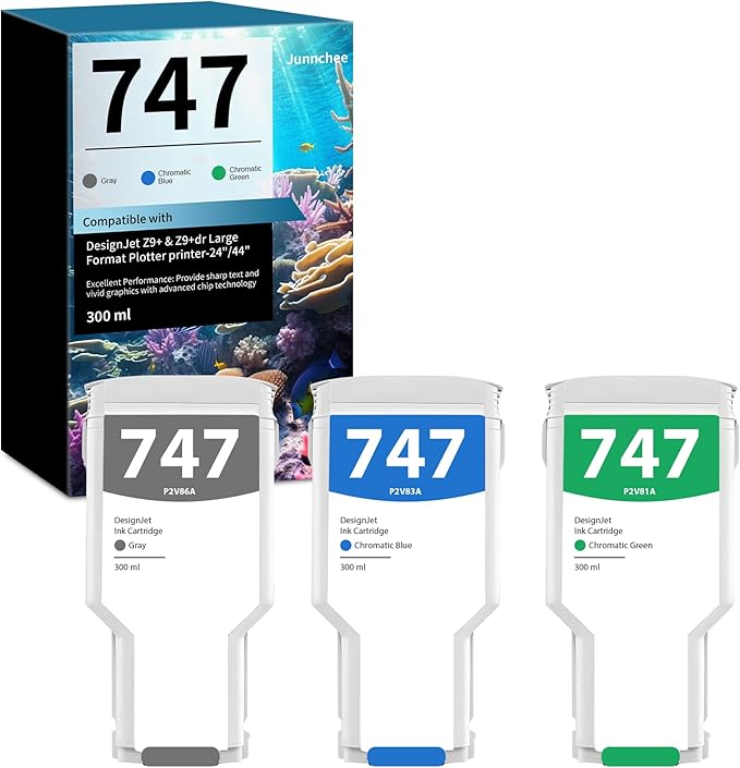 747 Ink Cartridge Replacement for HP 747 300-ml Chromatic Green/Chromatic Blue/Gray Designjet Ink Cartridge P2V84A P2V85A P2V86A forDesignJet Z9+ Large Format Printer (3-Pack)