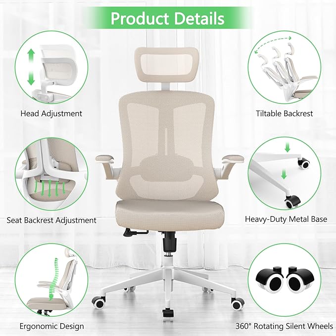 Desk Office Chair, Ergonomic High Back Comfy Computer Chairs with Wheels, Swivel Gaming Home Mesh Chair Comfortable Lumbar Support, Comfy Arms for Study, Home,Bedroom（Khaki）