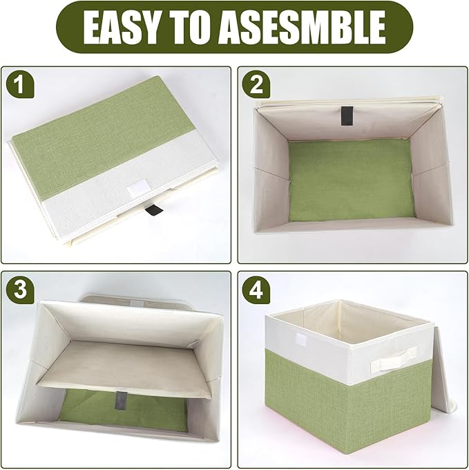 Large 22 Quart Linen Fabric Foldable Storage Bin Cube Organizer Basket with Flip-Top Lid & Handles, Clothes Blanket Box for Home, Office, Closet, Green & White, 4 Pack 14.6 x 9.5 x 9.5
