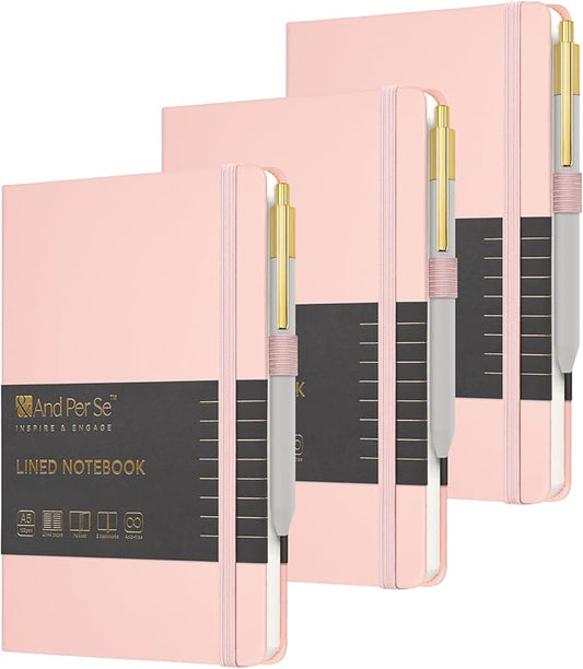 A5 Lined Leather Journal and Pen Set (3 packs), Hardcover Notebook with Pen, 160 Pages 100gsm Thick Ruled Paper for Men Women, for Work, Business, School or Home Writing, 5.7'' x 8'' (Pink)