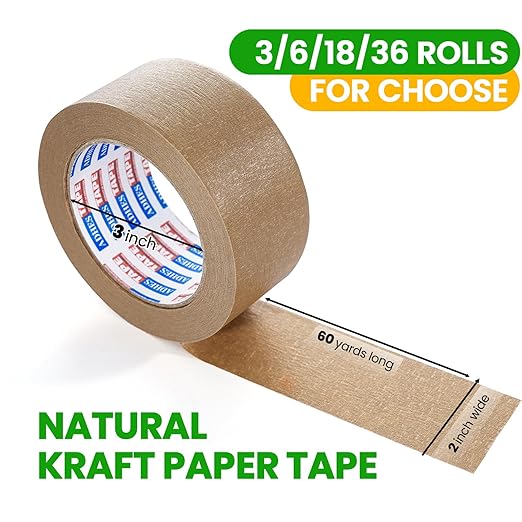 ADHES Kraft Paper Tape, 2 Inch x 60 Yards x 3 Rolls, Biodegradable Paper Packing Tape Writable & Uncoated Brown Shipping Tape for Shipping, Moving, Sealing
