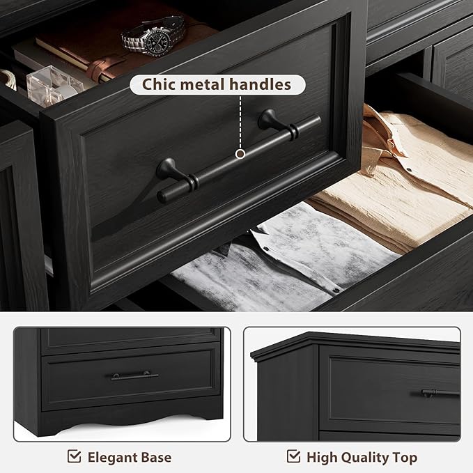 Black Farmhouse Dresser for Bedroom, 10 Chest of Drawers, 59" Wide Chest of Drawers with Brushed Metal Handle, Wood Closet Organizers and Storage Cabinet for Bedroom, Living Room, Hallway