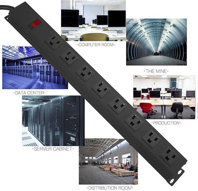 3Pack Metal 8 Outlet Mountable Power Strip, Wall Mount Outlet Heavy Duty, Wide Spaced Commercial Shop Power Strip with Switch, 6 FT Power Cord.