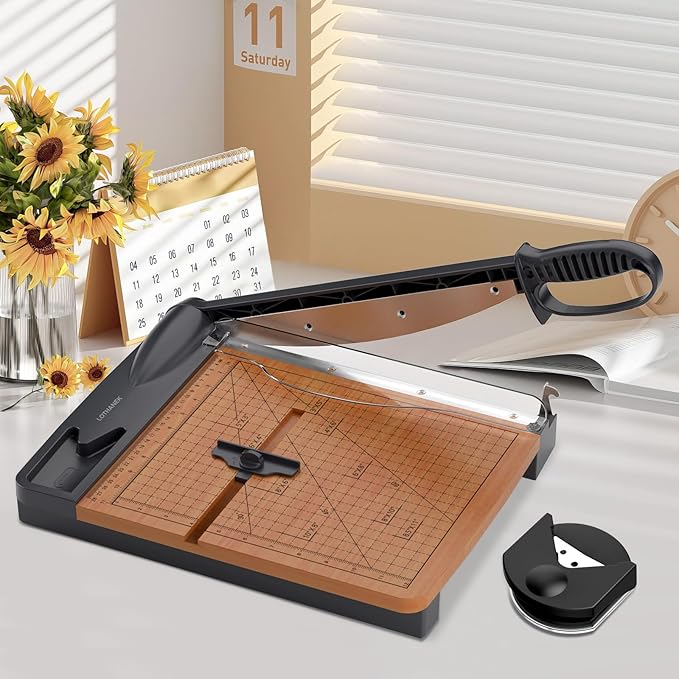 12'' Wood Guillotine Paper Cutter, Heavy Duty Wood Base Paper Trimmer with 32 Sheets Capacity Paper Cutting Board for Classroom, Crafting, Cardstock, Art Projects