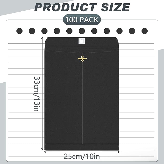 Geyee 100 Pcs Clasp Manilla Envelopes 10 x 13 Inch Gummed Colored Envelopes for Storing or Mailing for Home Office Business Supplies(Black)