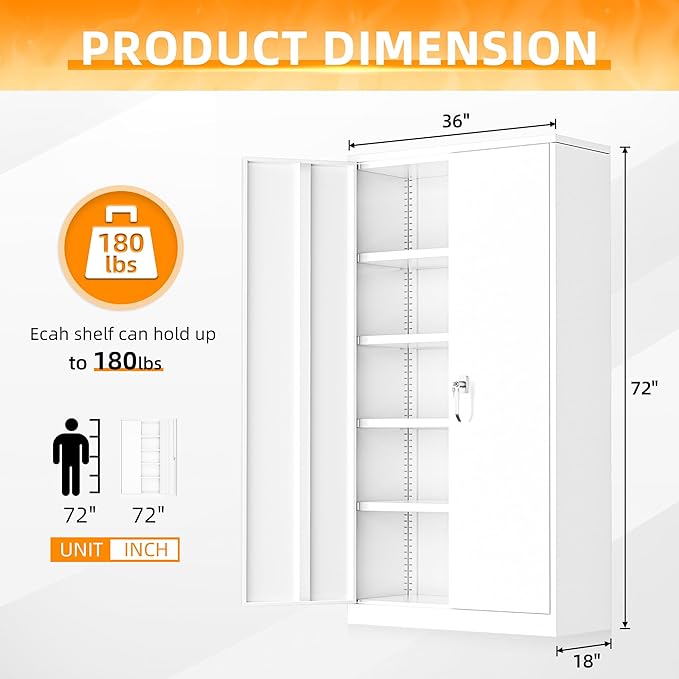 INTERGREAT Garage Storage Cabinets with Doors and Shelves,72" Tall White Steel Locking Cabinets Storage, Metal Cabinet for Home Office, Warehouse, School