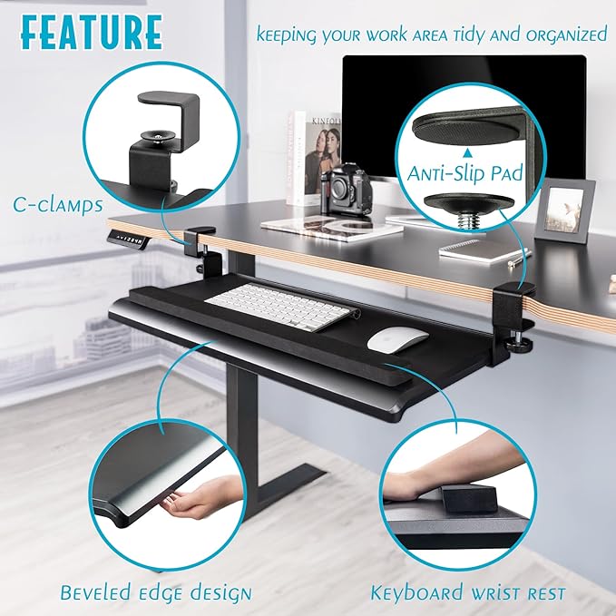 EHO Large Ergonomic C-Clamp Keyboard Tray Mount Under Desk with Wrist Rest, Slide-Out Platform 27.5" (31.8" Including Clamps) x 12.5", Pull Out Keyboard & Mouse Tray for Home or Office, Black