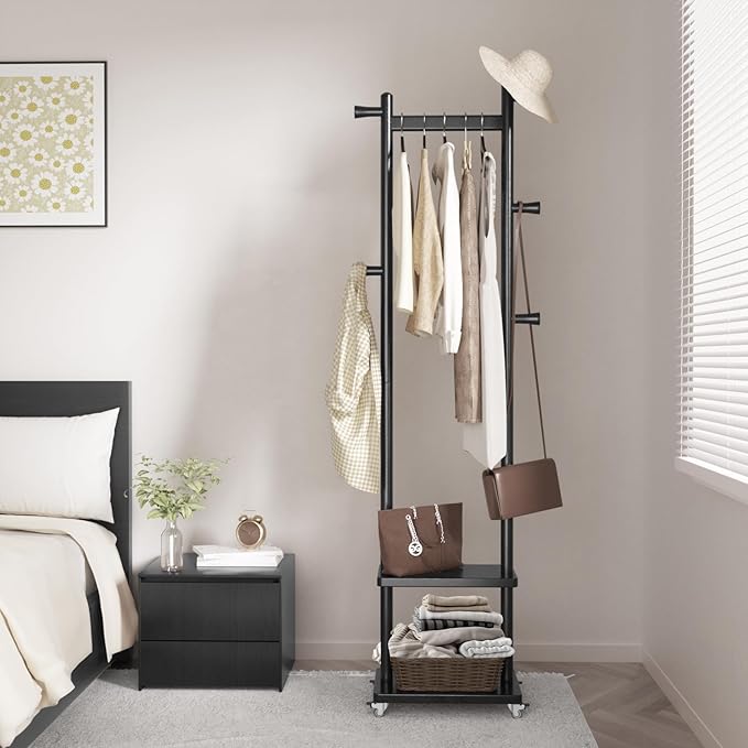 Coat Rack Freestanding Clothing Rack with Wheels & 2 Shelves Storage & 5 Hooks Heavy Duty Clothes Rack Wood Coat Tree Stand Hat Hanger Rack for Corner Bedroom Entryway Living Room Hotel