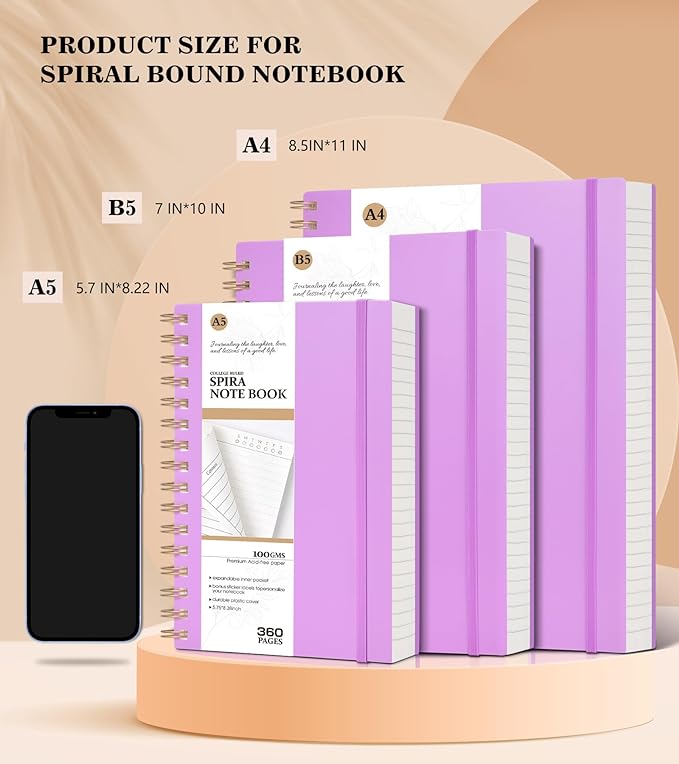 Spiral Notebook Journal ,360 Pages College Ruled Notebooks,Lined Thick Journals for Women Men, A5 Thick Spiral Journal for Writing,100GSM Paper, Spiral Notebooks for Work School 5.5"x8.5" Purple