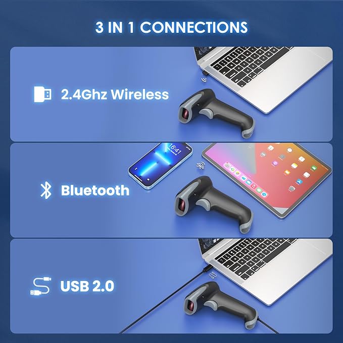 Eyoyo 2D 1D Wireless Barcode Scanner with Stand, 3-in-1 Barcode Reader 2.4G Wireless & Bluetooth & Wired USB Connection, Handheld QR Code Scanner for iPhone, Mac, Android, Store, Warehouse, Library