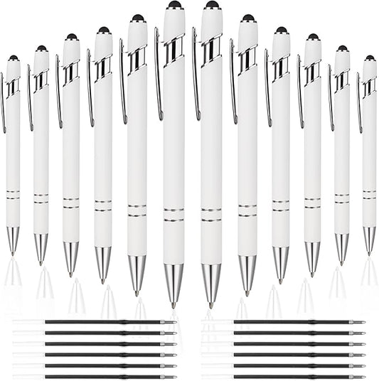 12 PCS 2 in 1 Stylus Ballpoint Pen with Stylus Tip, 1.0 mm Black Ink Metal Pen Stylus Pen for Touch Screens (Silver & White)