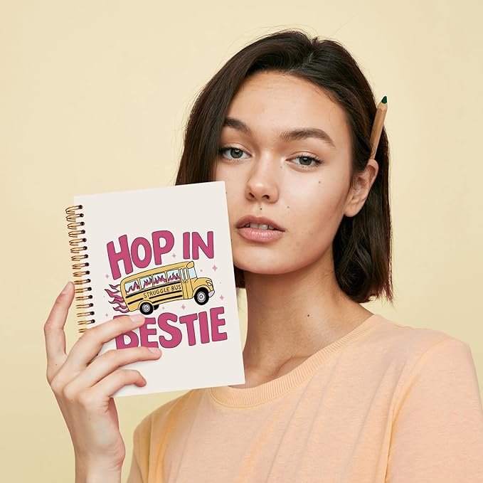 JXREQ Funny Mental Health Notebook, Mental Health Therapist Gifts Journal Notebook, Anti Anxiety Gifts Journal for Women, Struggle Bus Hop in Bestie Spiral Notebooks 5.5x8.3