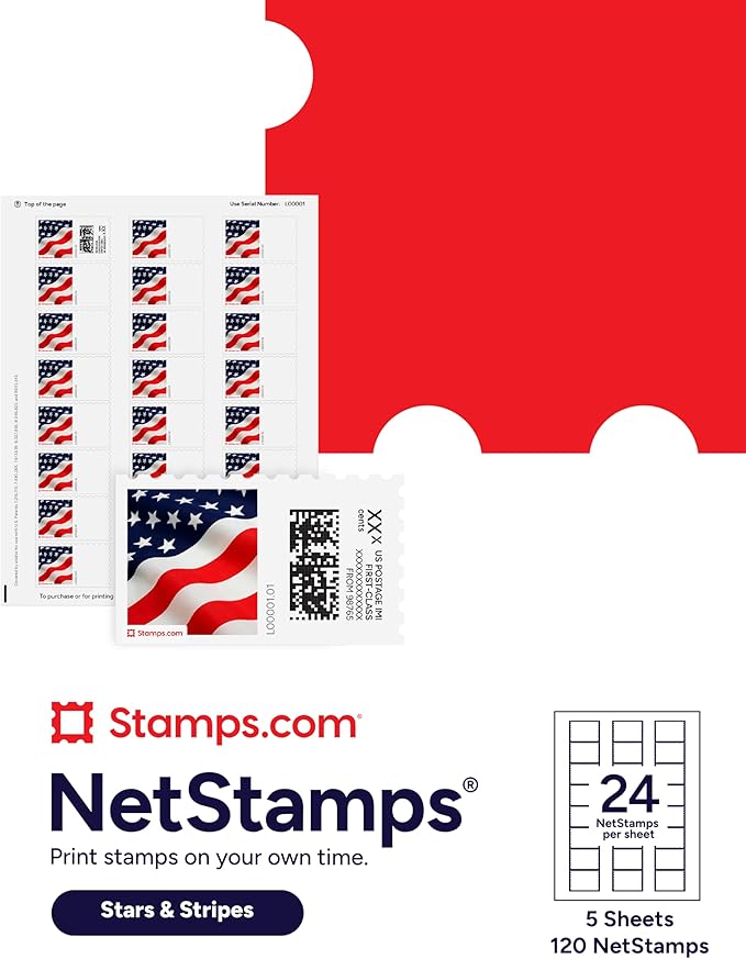 Stars & Stripes NetStamps 120-Pack (5 Sheets) Printable Postage Labels (Stamps.com Subscription Required) - Print Approved Postage - Inkjet & Laser Printers - Business, Personal, Home
