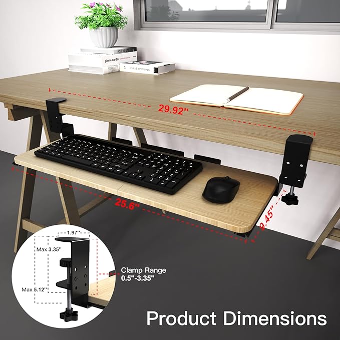 Ergonomic Keyboard Tray Under Desk Pull Out with Adjustable C-Clamp Mount, Slide-Out Computer Keyboard and Mouse Platform Drawer for Office and Home Typing (Light Wood)