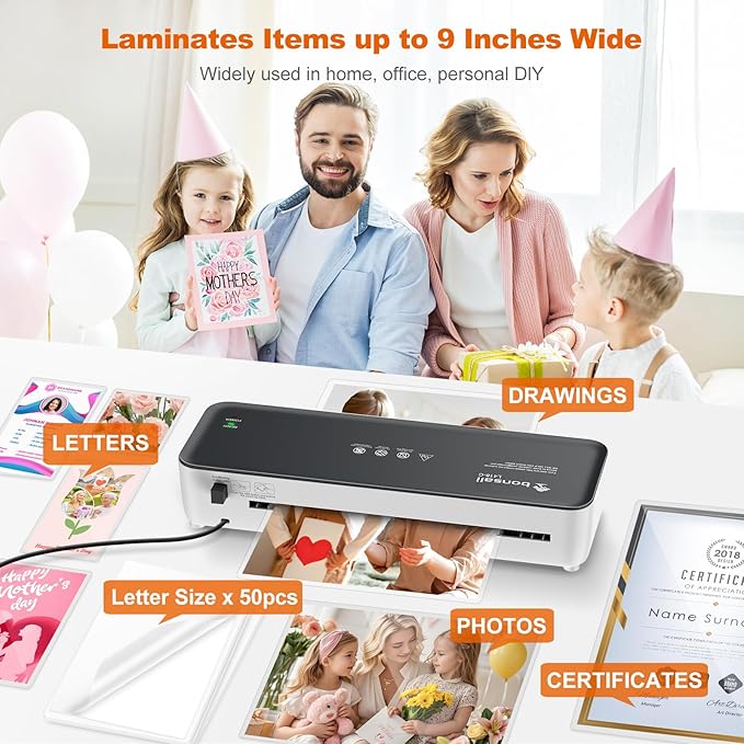 Bonsaii Laminator Machine, 9 Inch Laminators Machine with 50 Laminating Sheets, Laminator with Never Jam Technology for Doc/Posters/Photo, Simple Convenient for Home, Office and School - L418-C Grey