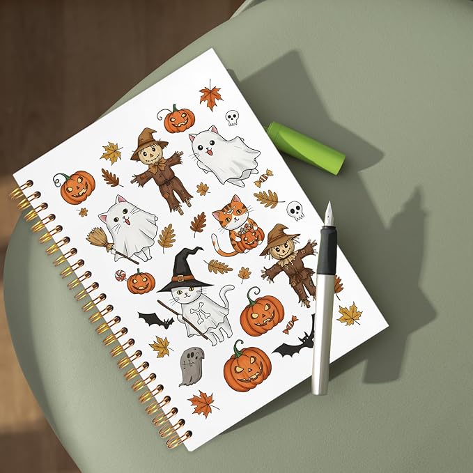 WUCHJ Halloween Notebook, Spooky Pumpkin Ghost Cat Bats Journal, Fall Maple Leaf Scarecrow Spiral Notebook Journal for Note Taking, Fall Halloween Office Supplies, 5.5x8.3 Inch